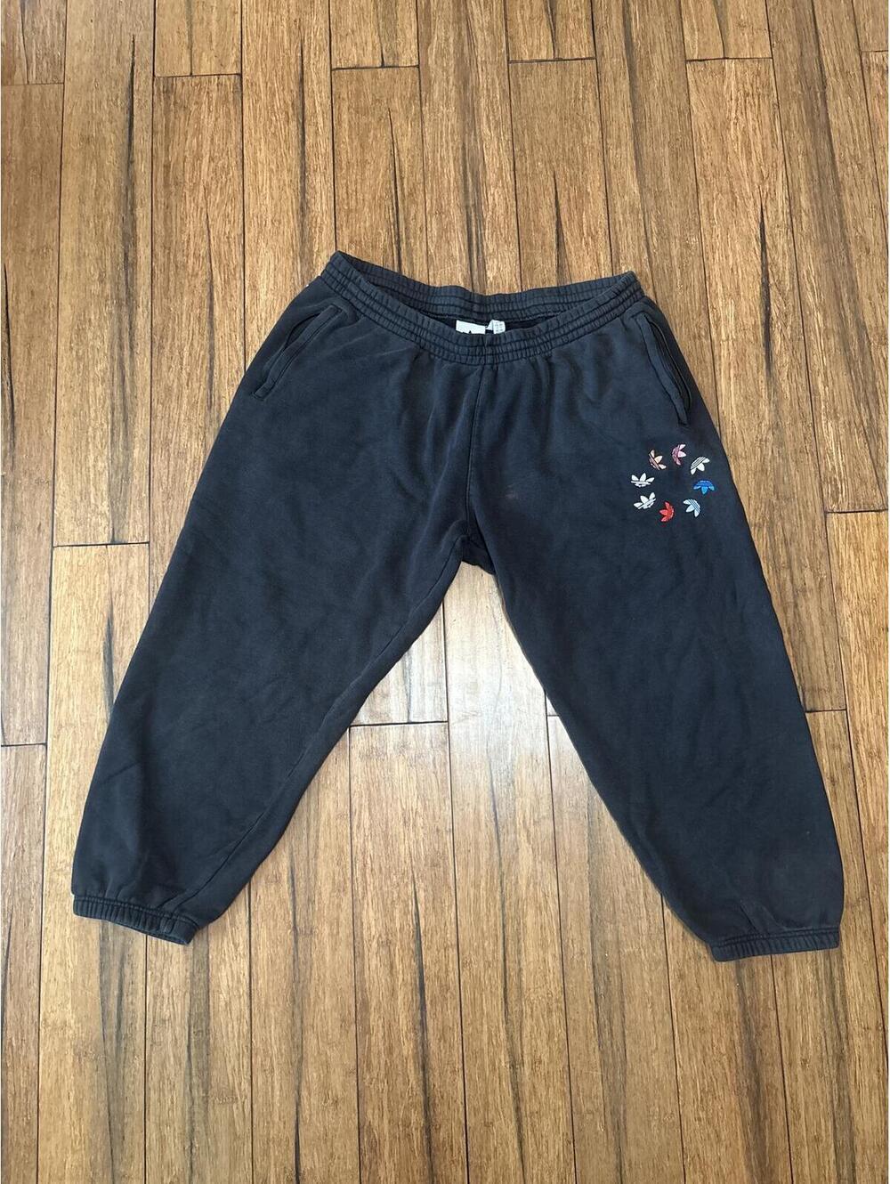 Adidas Black Sweatpants with Multicolor Trefoil Logos, Size 2XL